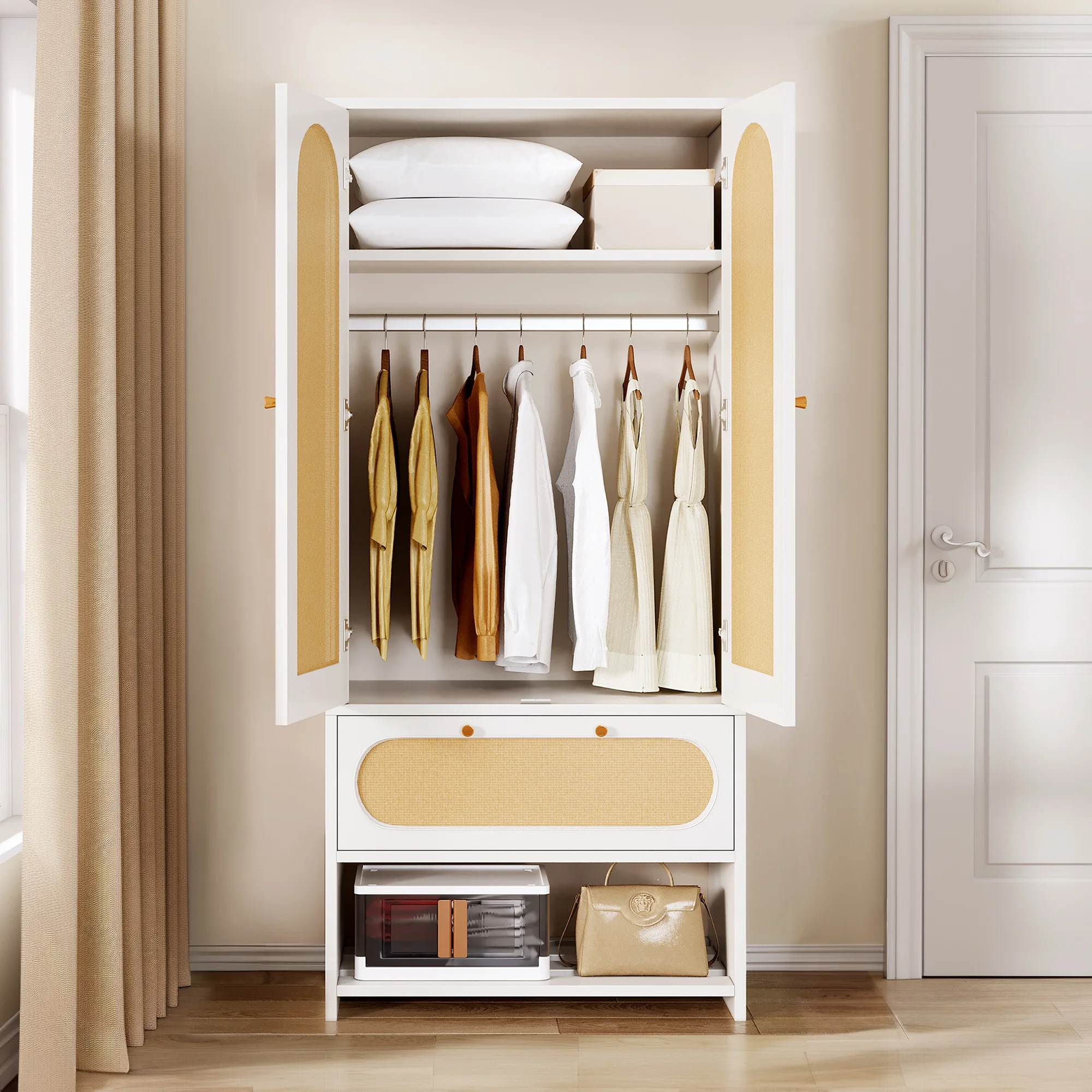 Dextrus Natural Rattan Armoire Wardrobe Closet Cabinet with 2 Doors, Armoire Storage Cabinet with Drawers and Hanging Rods
