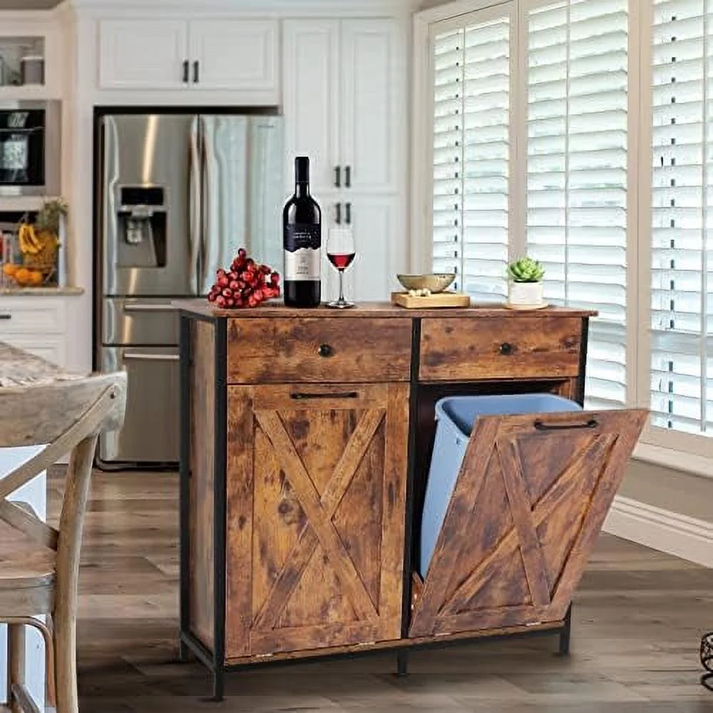 CCBIUOMBO Double Kitchen Trash Cabinets Two Tilt Out Trash Cabinets with Solid Hideaway Drawers Free Standing Wooden Kitchen  Recycling Cabinet