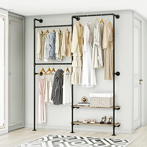 Industrial Pipe Clothing Rack Wall Mounted, Double Hanging Rods Clothes Rack with Shelves, Clothes Rack for Wardrobe