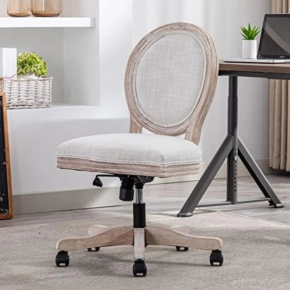 Rattan Back Linen Office Chair  Adjustable Height Swivel Task Chair with Wood Frame Armless Desk Chair with Wheels Upholstered Round Back Vanity