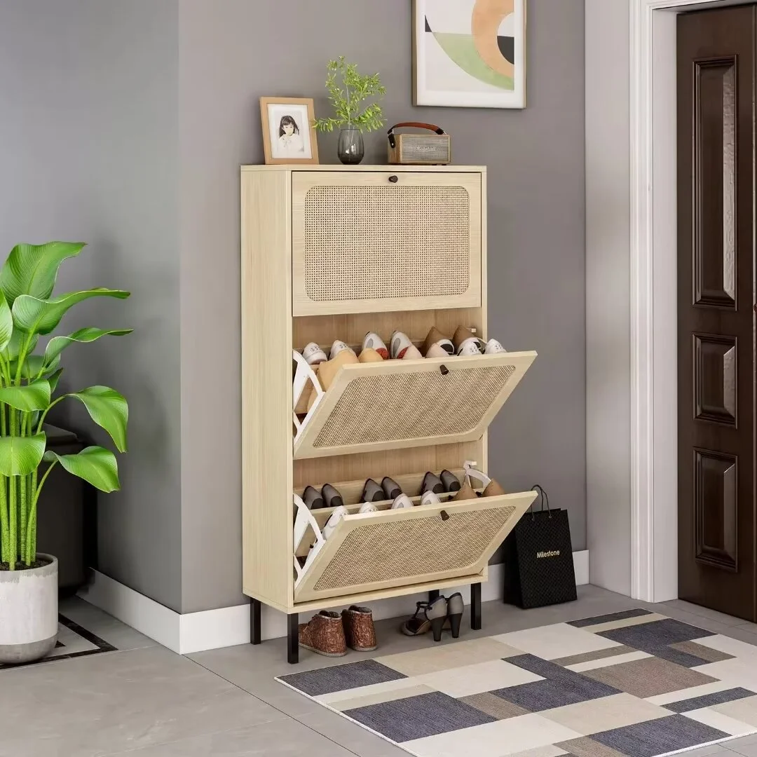 Lecut Rattan Shoe Cabinet 3 Flip Drawer Shoe Cabinet Organizer with Adjustable Shelves Freestanding Wooden Shoe Rack Storage Cabinet With Metal Legs