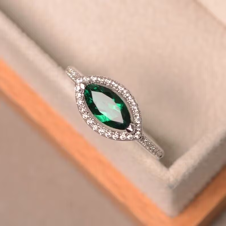 emerald ring, sterling silver, marquise cut ring, engagement ring, halo ring,