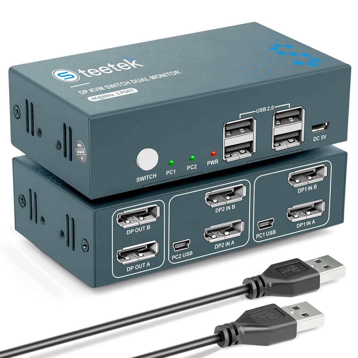KVM Switch Dual Monitor DP 4K@60Hz Extended Display, Displayport 1.2 KVM Switch 2 in 2 Out with 4 USB 2.0 Hub