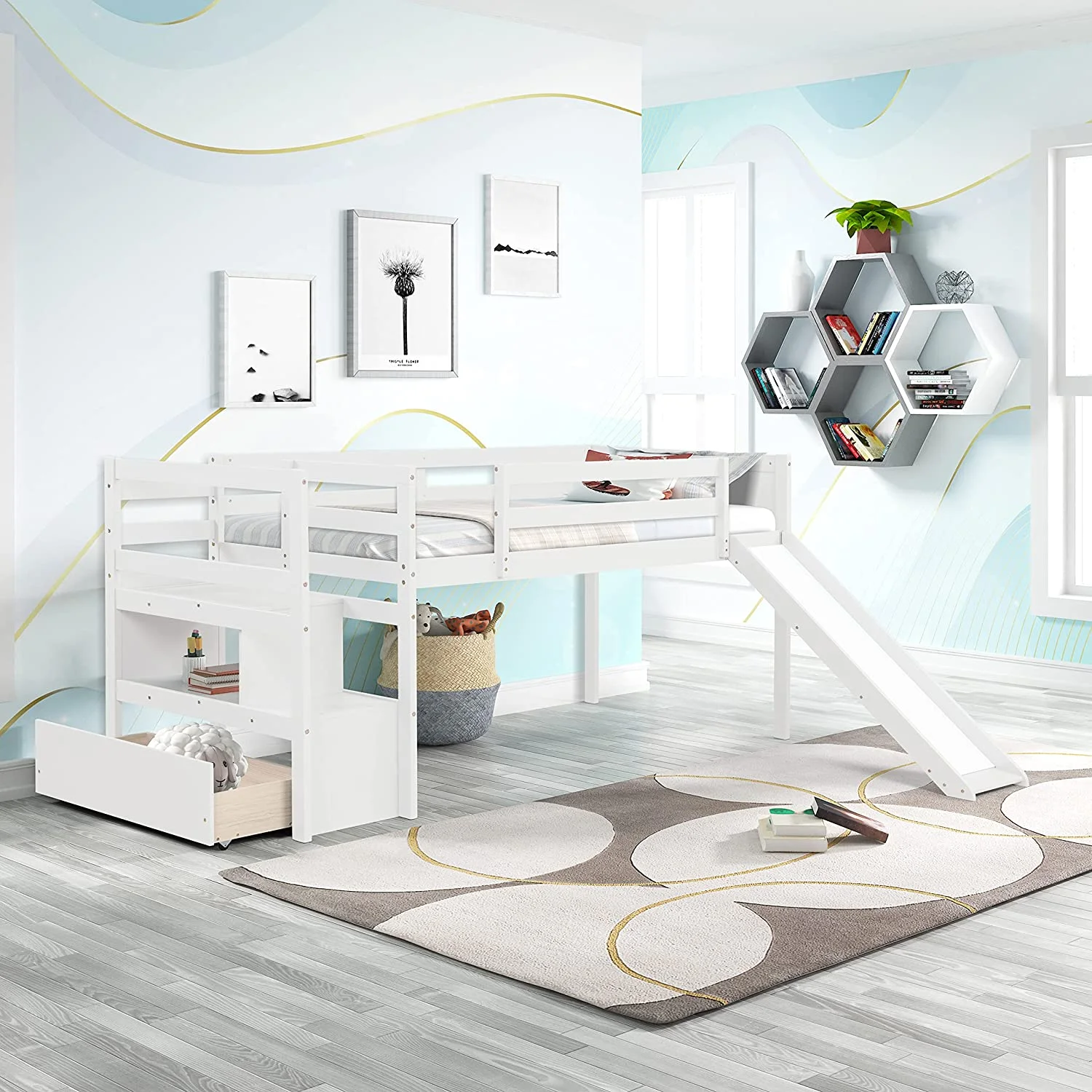 Twin Size Low Loft Bed with Stairs and Slide,Solid Wood Bedframe with Drawer for Kids,White - Curated Treasures Market