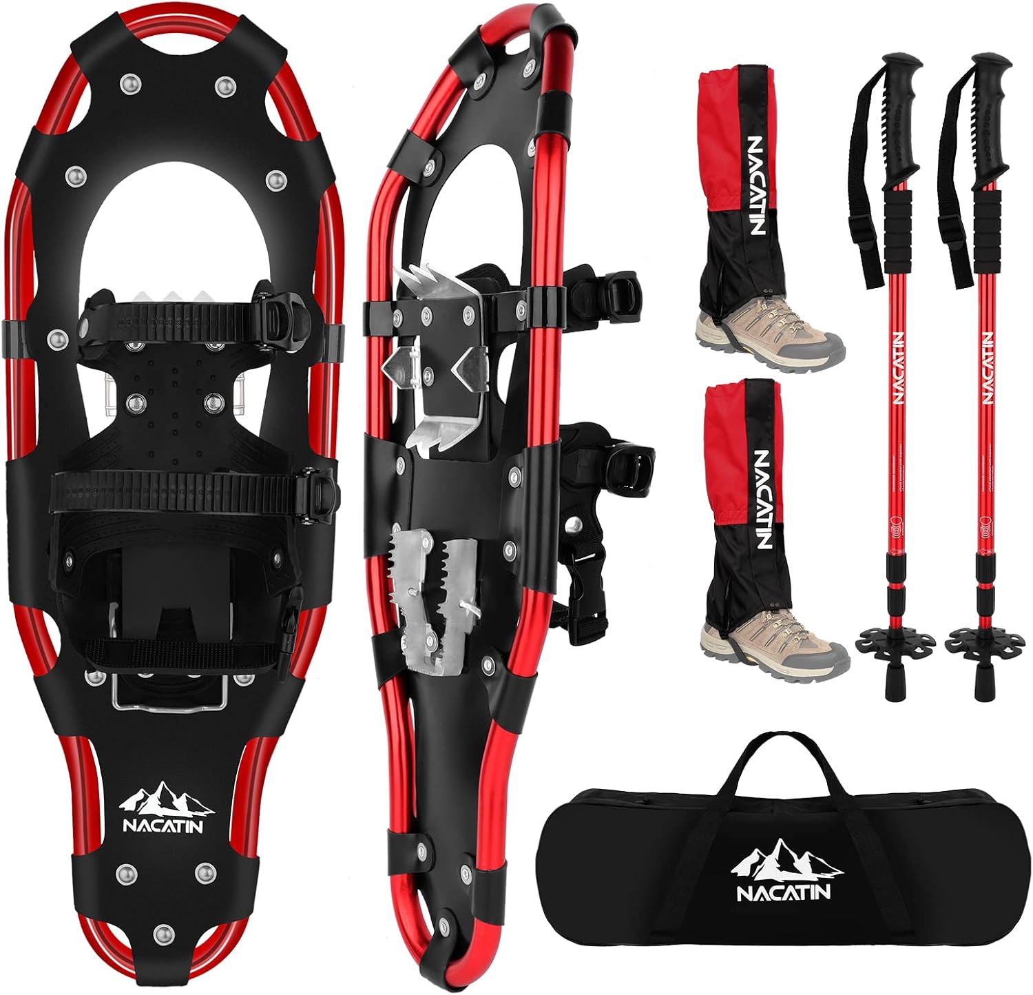 NACATIN All Terrain Snowshoes with Heel Lift,Lightweight Aluminum Alloy Snow Shoes with Trekking Poles,Leg Gaiters