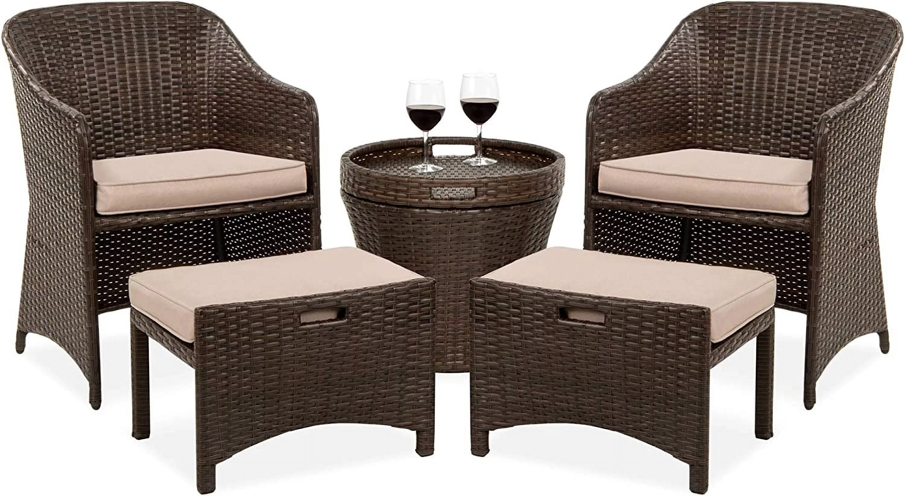 5-Piece Outdoor Patio Furniture Set, No Assembly Required Wicker Conversation Bistro & Storage Table for Backyard, Porch
