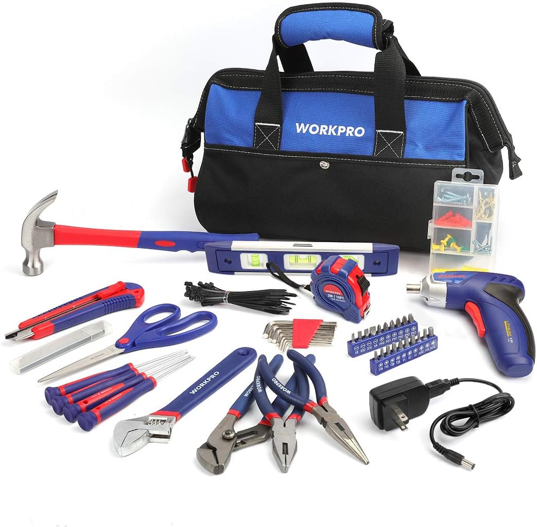 WORKPRO 125-Piece Household Tool Kit &ndash; 3.6V Rechargeable Screwdriver & Home Repair Basic Tool Set With 13-Inch Easy Carrying Tools Bag