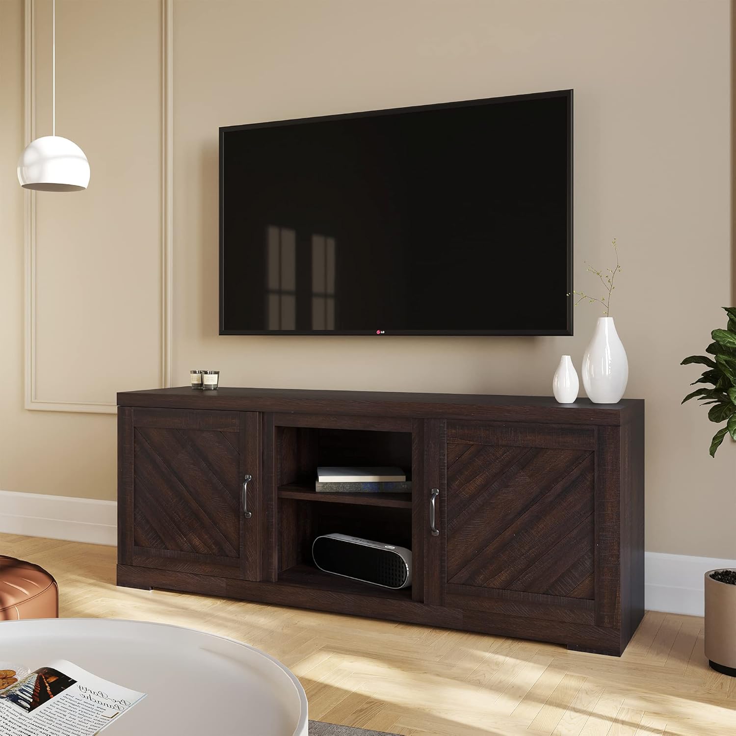 BELLEZE Modern Farmhouse Electric Fireplace TV Stand & Media Entertainment Center Console Table for TVs up to 65 Inch with Storage Cabinets and