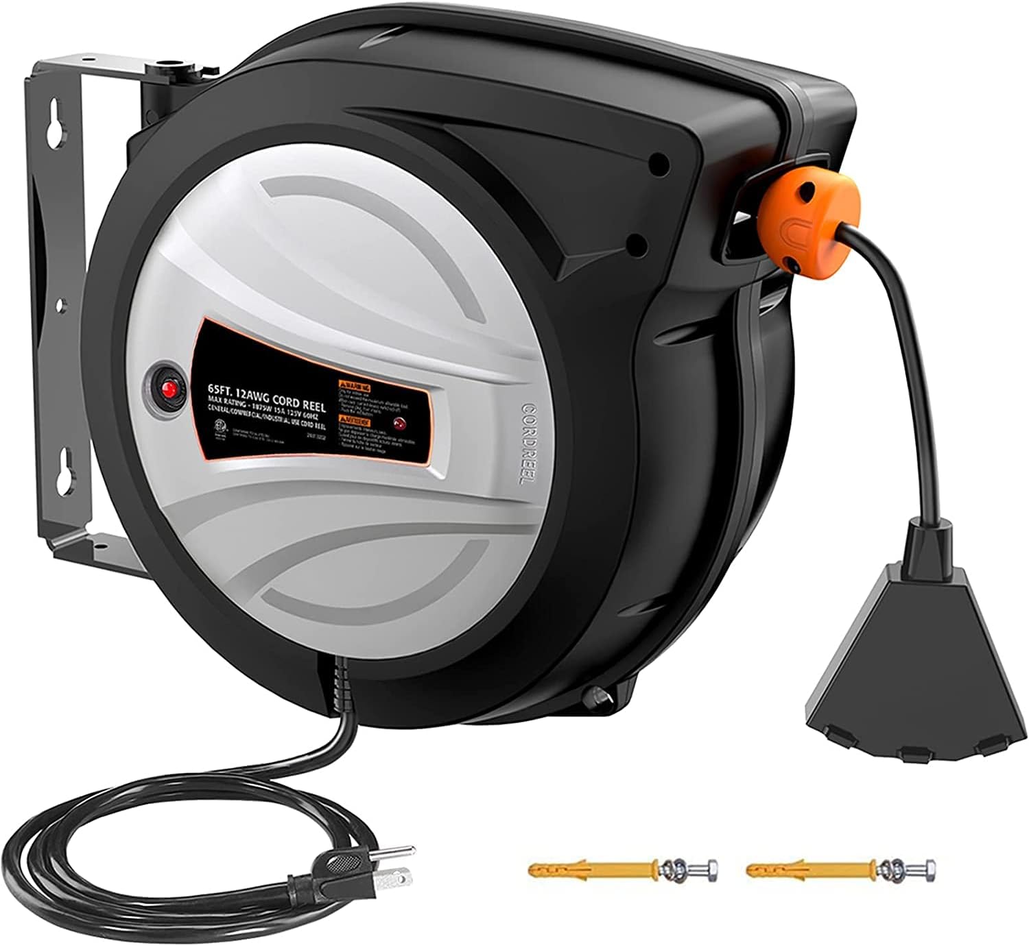 Extension Cord Reel, 65ft Retractable Extension Cord + 4.5ft/12AWG/SJTOW Rated Cord, Cord Holder with Swivel Bracket, Overload Protection