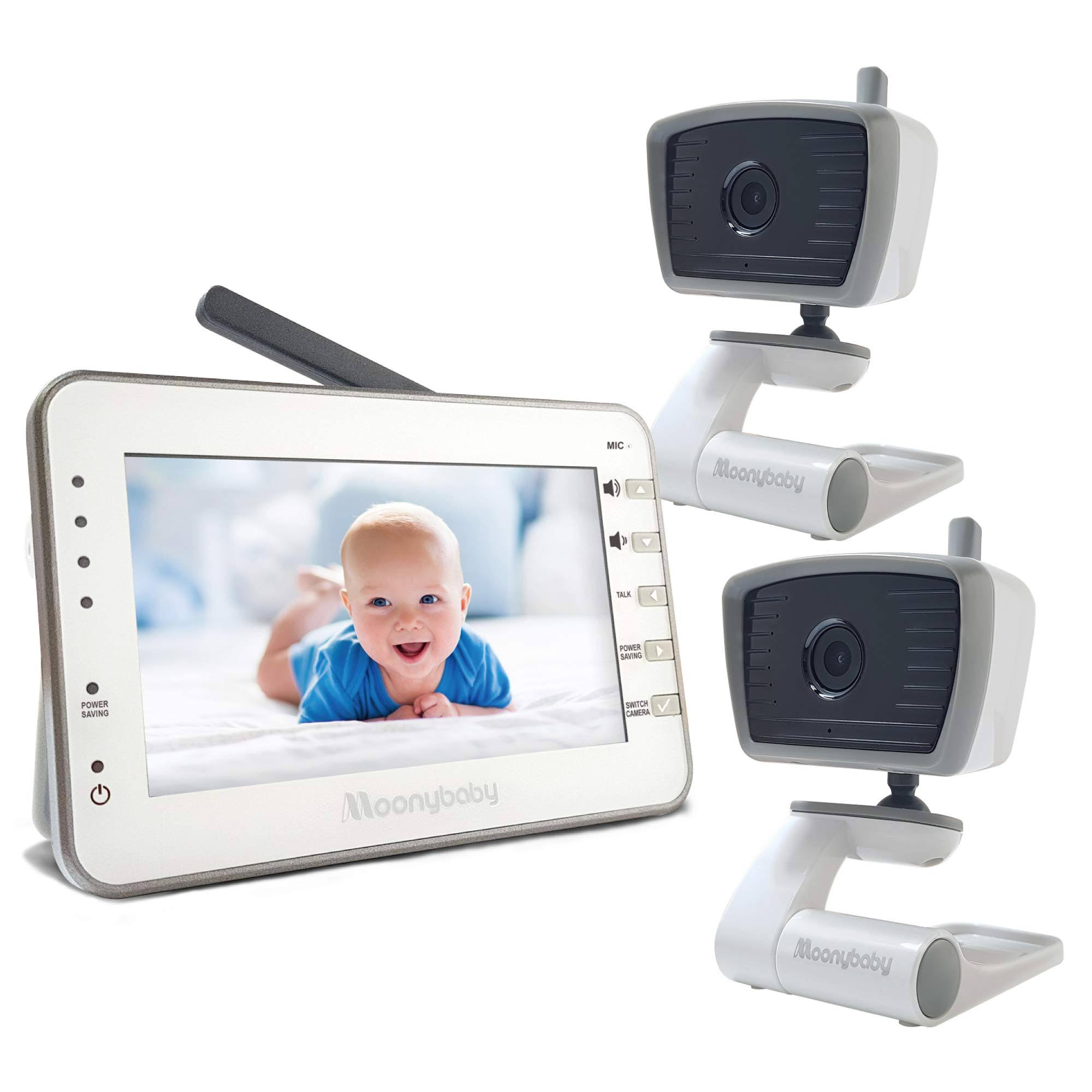 Moonybaby Video Baby Monitor for Camping or Vacation with 2 Portable Cameras for 2 Rooms, 4.3 Inches LCD, No Wifi, Long Battery