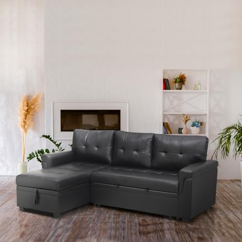 Naomi Home 85 in. Convertible Sofa with Storage, Reversible L Shape Sofa Couch with Chaise, Comfy Sectional Couches for Living Room - Black