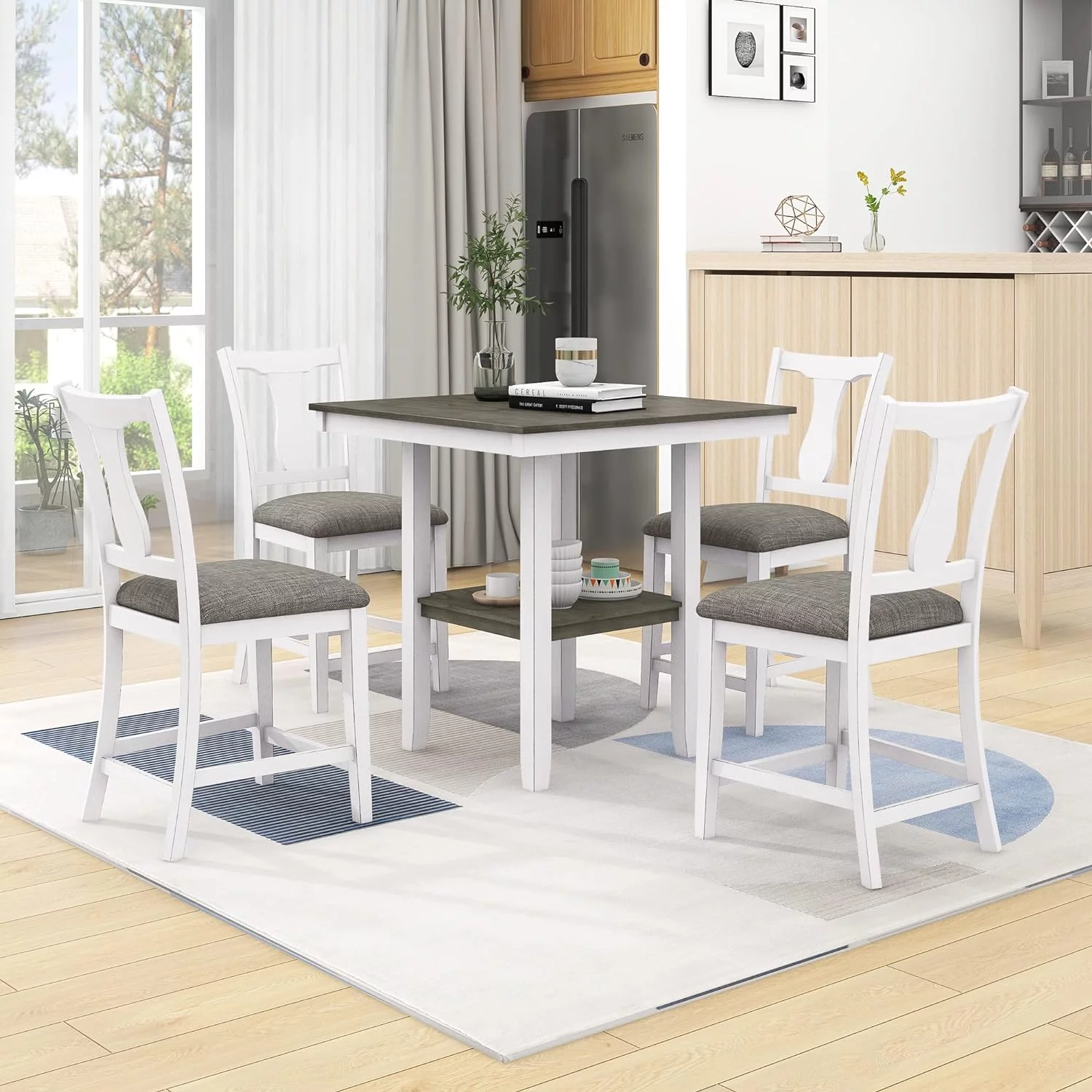 5 Piece Farmhouse Dining Table Set For 4,Counter Height Kitchen Table Set With Storage Shelf, Square Table And 4 Upholstered Chairs For Small Space