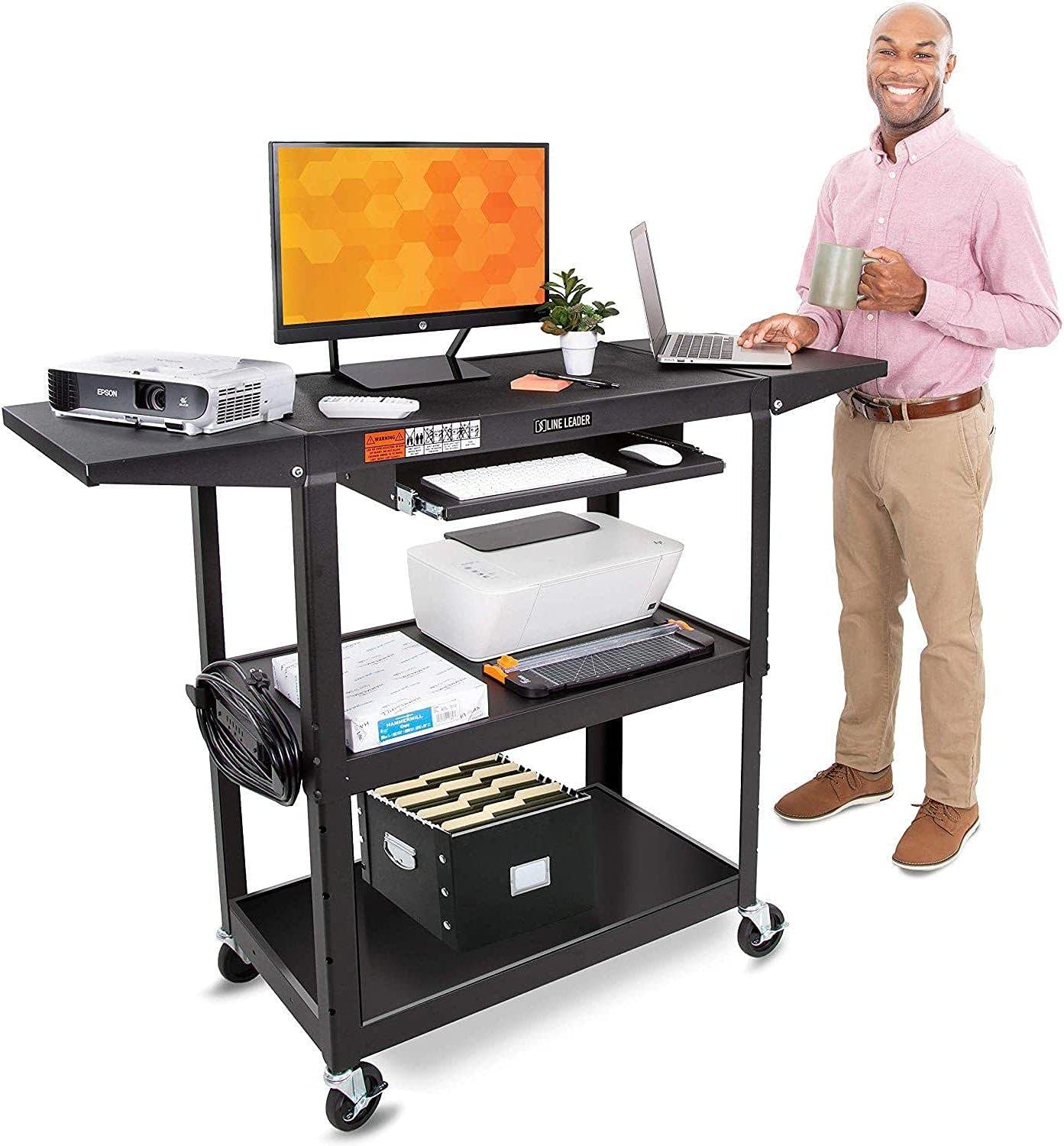 Line Leader Large AV Cart with Drop Leaves | Height Adjustable Utility Cart | Includes Pullout Keyboard Tray & Cord Management | Easy Assembly (54in