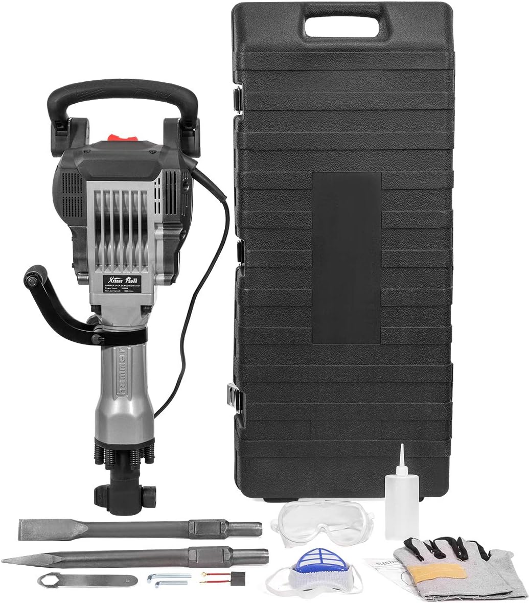 XtremepowerUS 3600W Heavy Duty Electric Demolition Jack Hammer Concrete Breaker (2) Chisel & Point Chisel Bit Hand Gloves w/Case