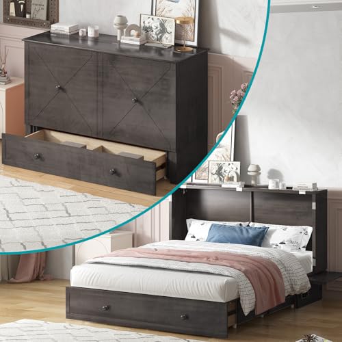 BALUS Murphy Bed, Furniture Murphy Cube Cabinet Bed with USB Charging Station, Foldable Cabinet, Memory Foam Queen Size Mattress