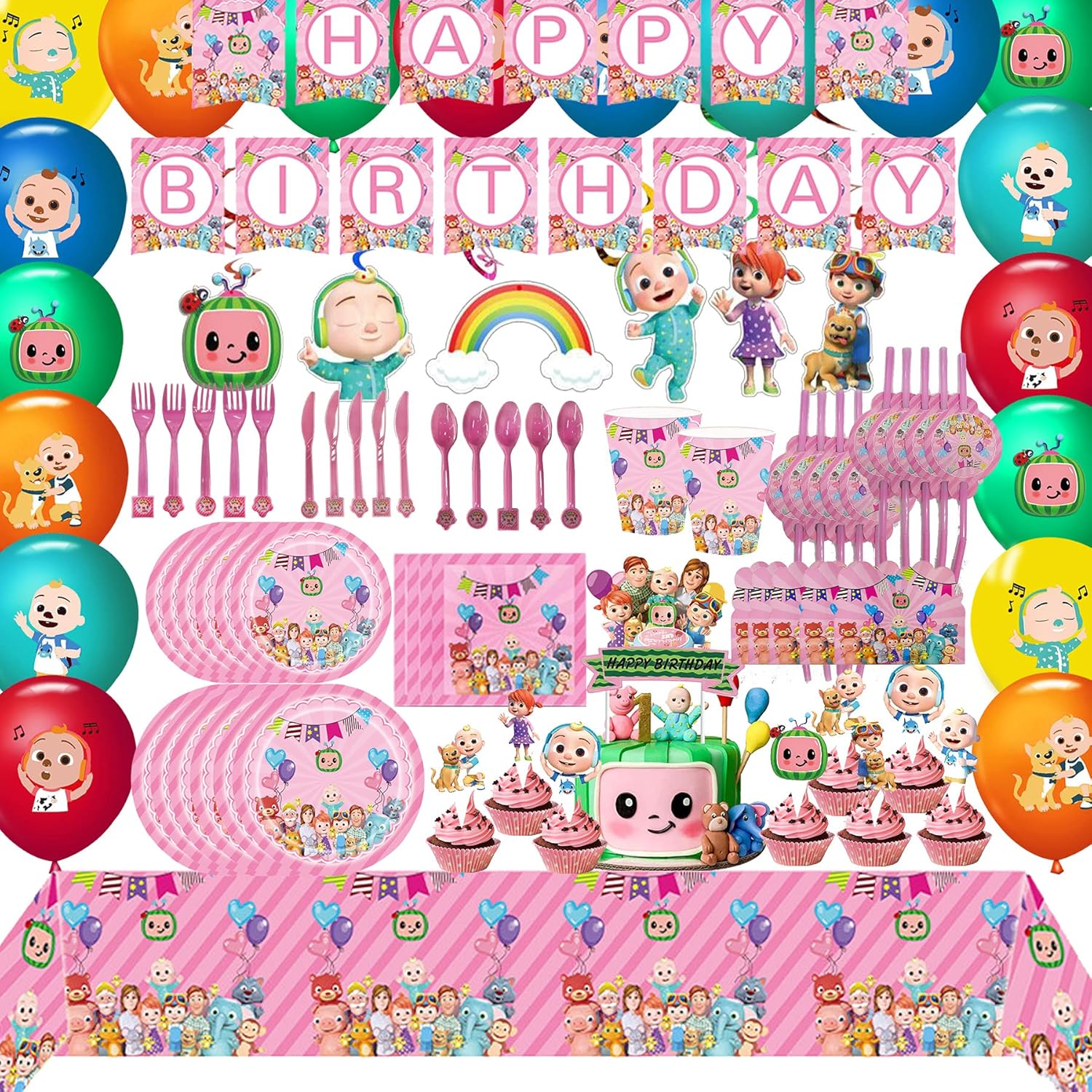 PINKBB Pink Baby Melon Party Decorations, Supplies Pack with Banner, Flatware, Plates, Cups, Napkins, Balloons, Cake Topper