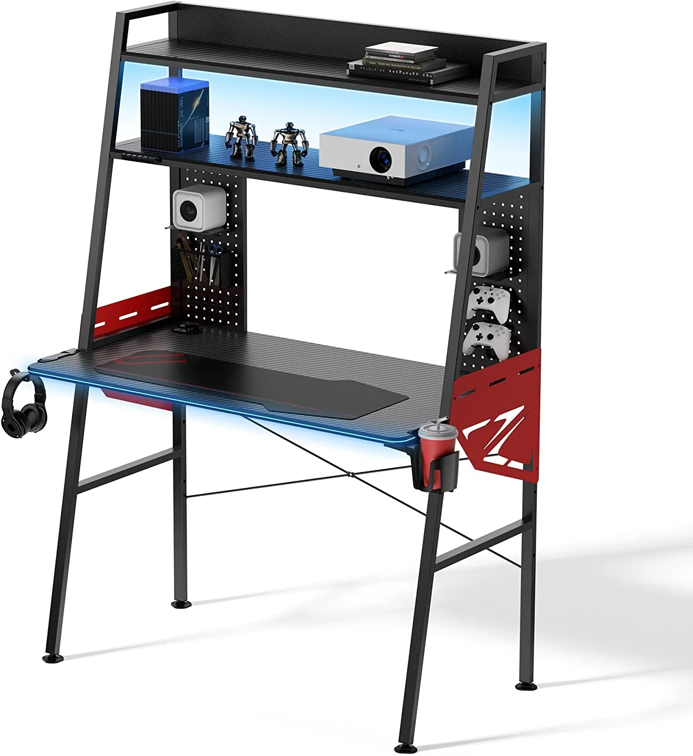 KHBIULIFE ERGONOMIC LED Gaming Desk with Shelves  Dual Pegboards  43'39