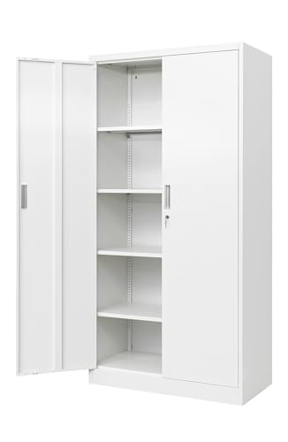 Metal Storage Cabinet, 72" H x 36" W x 18" D Locking Cabinet with Adjustable Shelves, Steel Storage Cabinets for Garage, Home, Office, Pantry (White)