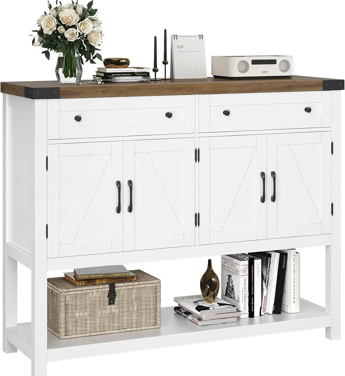 Buffet Sideboard Cabinet with Storage, 47.2" Modern Farmhouse Coffee Bar with 2 Drawers, Barn Doors Console Table with Shelf for Kitchen, Dining Room