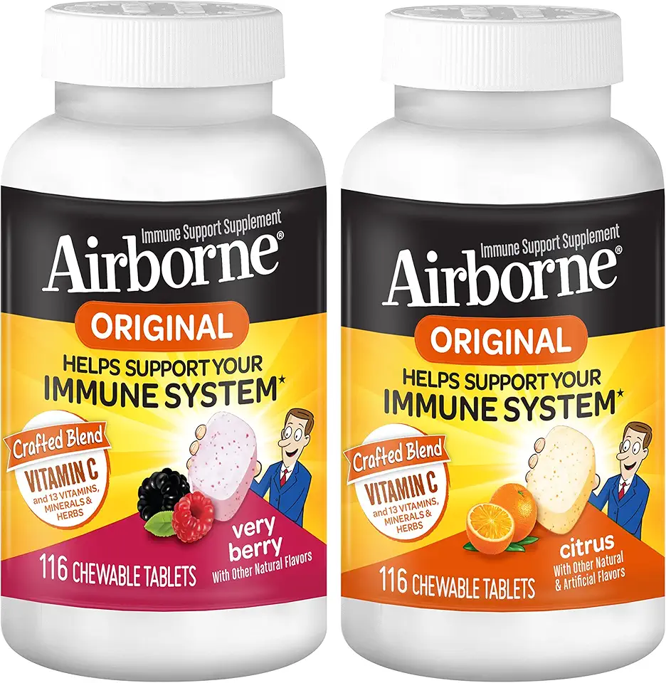 Airborne 1000mg Vitamin C Chewable Tablets Citrus & Very Berry Flavor Bundle