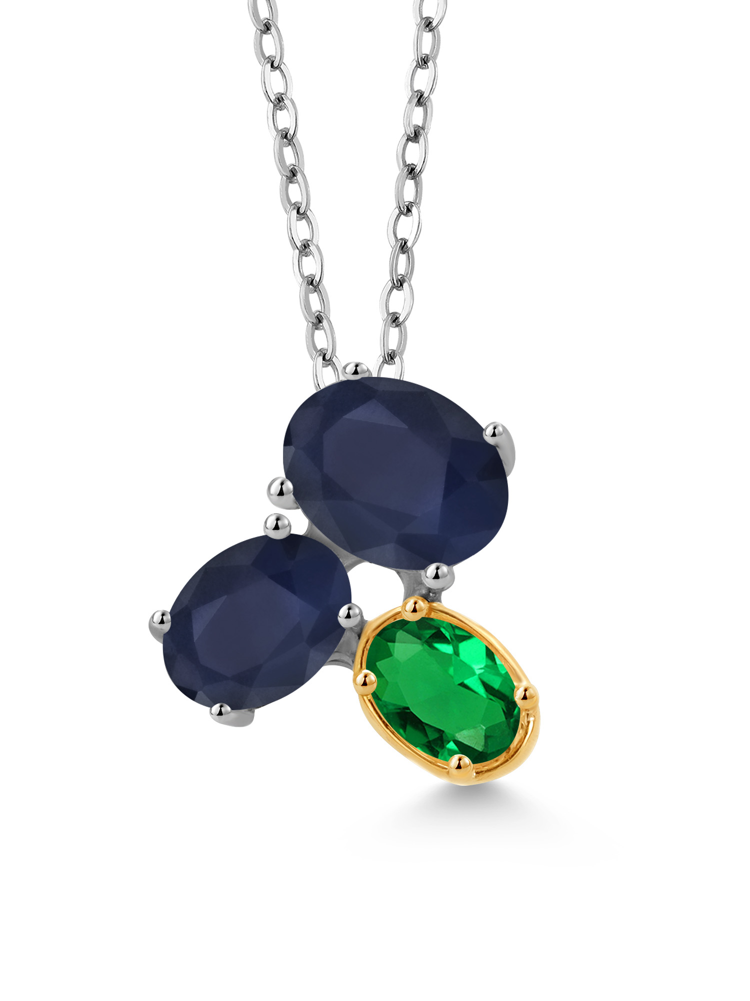 925 Silver and 10K Yellow Gold Blue Sapphire and Green Nano Emerald Pendant Necklace For Women (3.20 Cttw, Oval 8X6MM, 7X5MM and 6X4MM