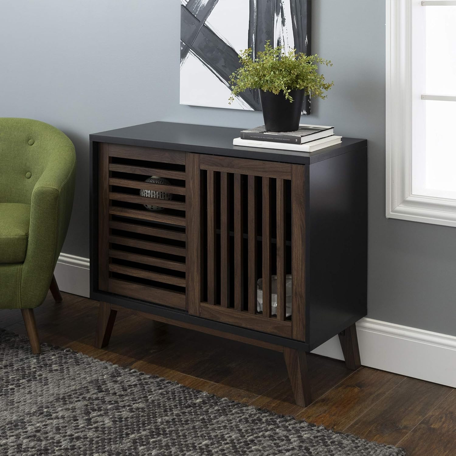 Walker Edison Mid Century Modern Buffet Entryway Cabinet Doors Kitchen Dining Room Storage Living Room, 36 Inch, Black and Dark Walnut