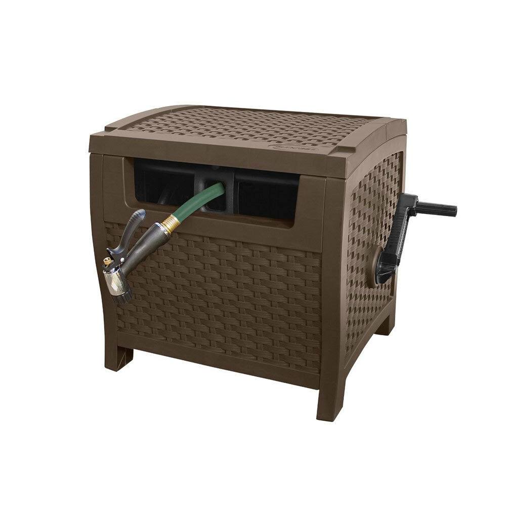 Suncast 175 Foot Durable Slide Trak Manual Hose Reel Shelter Cart, Mocha Brown