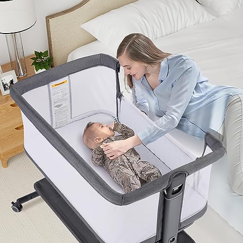 Kinder King Portable Baby Bassinet w/Carry Bag, Newborn Bedside Crib Sleeper, Adjustable Height, All-Sided Mesh Infant Travel Crib