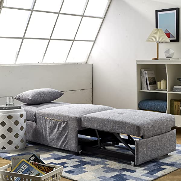4-in-1 Sleeper Sofa Bed, HABITRIO Solid Wood Frame Polyester Upholstered Seating Couch w/A Pillow, Work As Ottoman, Single Chair