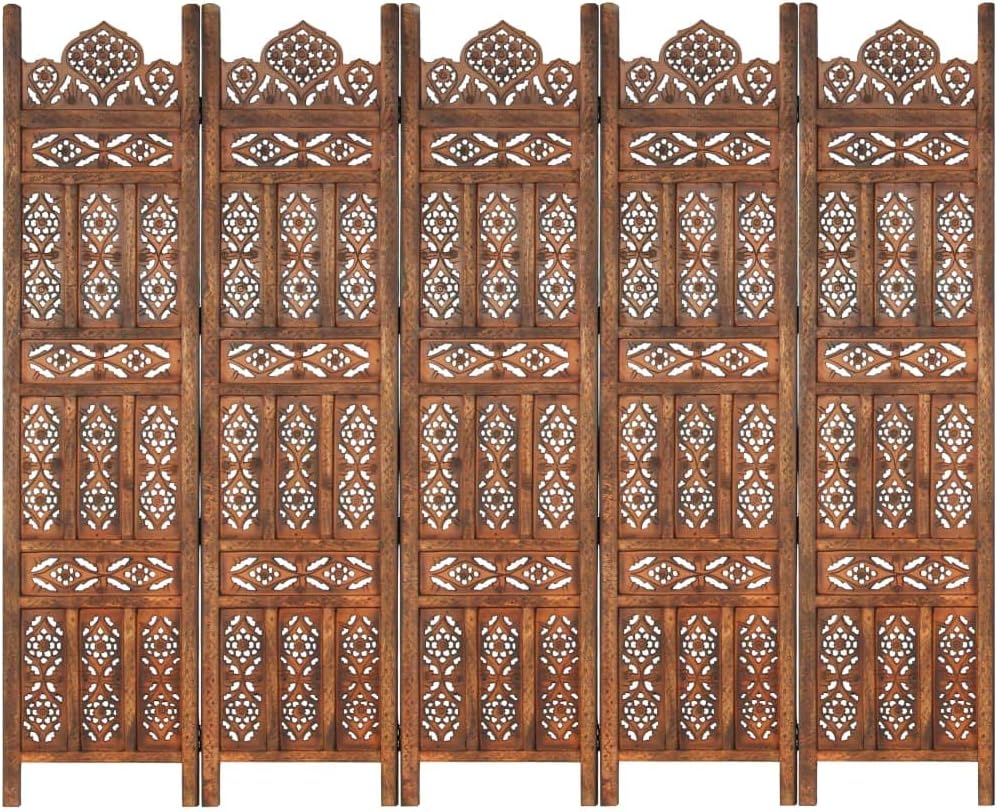 vidaXL Solid Mango Wood Hand Carved 3-Panel Room Divider Wooden Room Dividers Privacy Screen Panel Screens Room Partition Paravent Dressing Brown