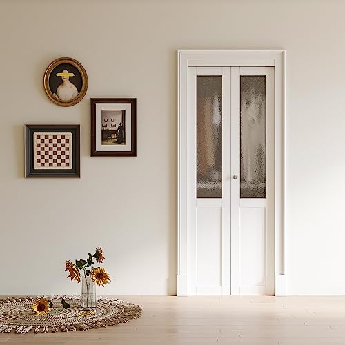 Bi-Fold Doors 30" x 80" Heavy-Duty Ripple Glass Door with Knob & Hardware Kit, Interior Folding Pantry/Closet Door