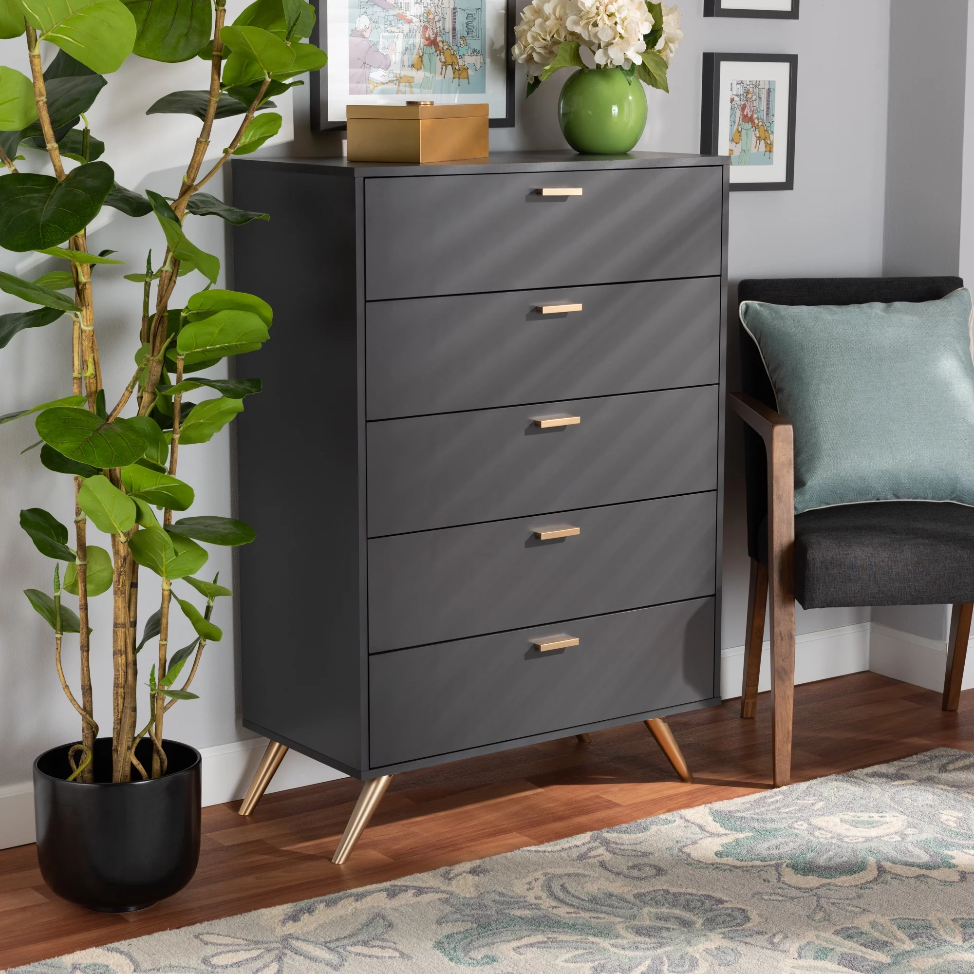 Baxton Studio Kelson Modern and Contemporary Dark Grey and Gold Finished Wood 5-Drawer Chest - Curated Treasures Market