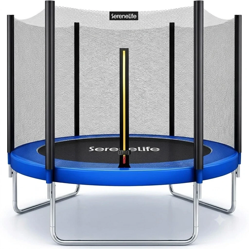 SereneLife 8FT 10FT 12FT 14FT Outdoor Trampoline for Kids - Recreational Backyard Trampoline with Curved Safety Poles and Net Enclosure- ASTM