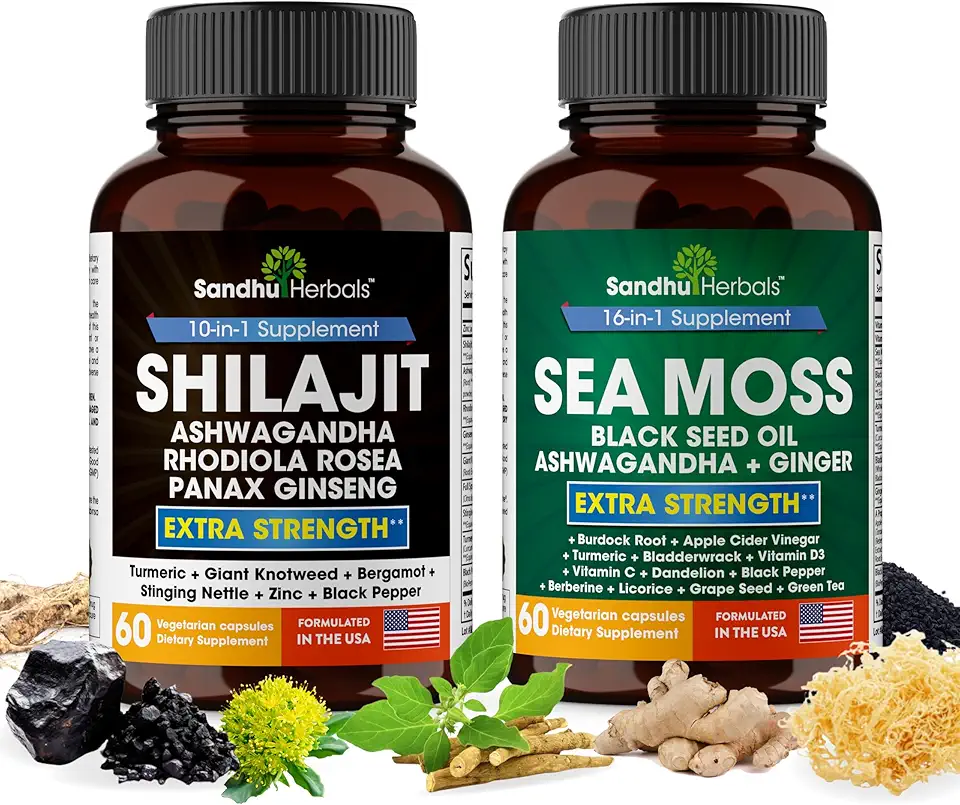 Sandhu Herbals Bundle - Sea Moss, Shilajit, Black Seed Oil, Ashwagandha, Ginger, Rhodiola Rosea, Panax Ginseng, Stinging Nettle - Kansas Nuitrition