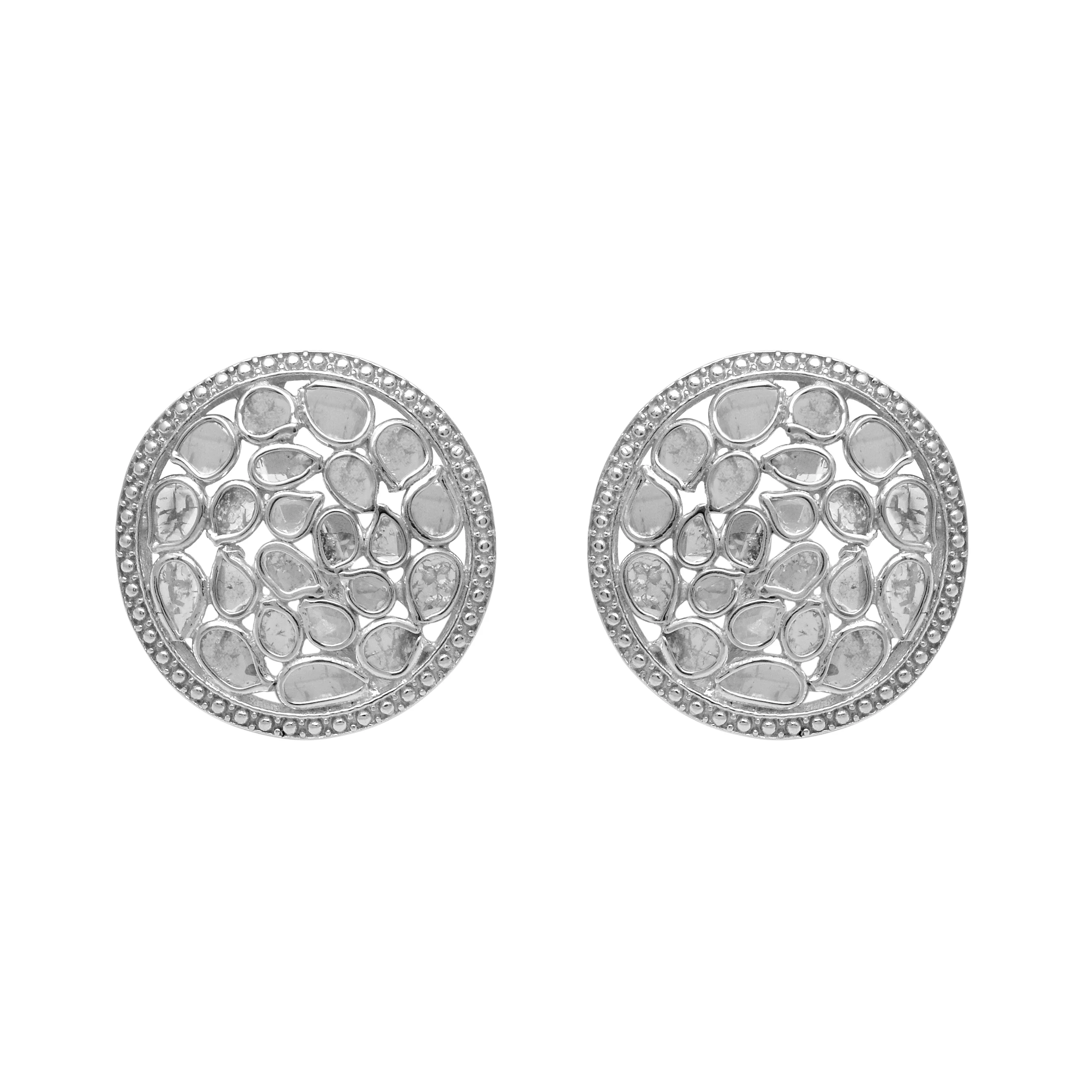 1.85 CTW Natural Diamond Polki Round Studs 925 Sterling Silver Platinum Plated Handmade Slice Diamond Earrings