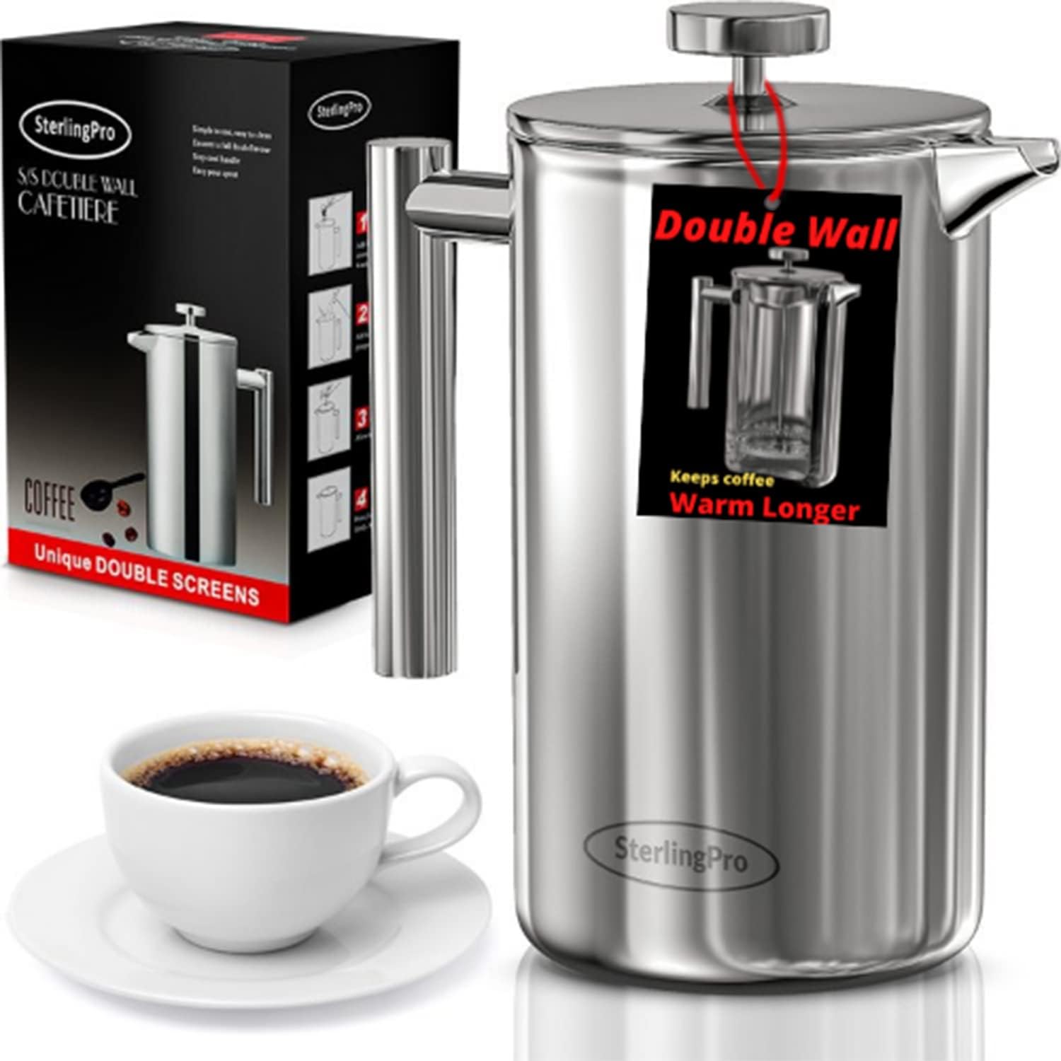 SterlingPro French Press Coffee Maker(1.75L)-Double Walled Large Coffee Press with 2 Free Filters-Enjoy Granule-Free Coffee Guaranteed