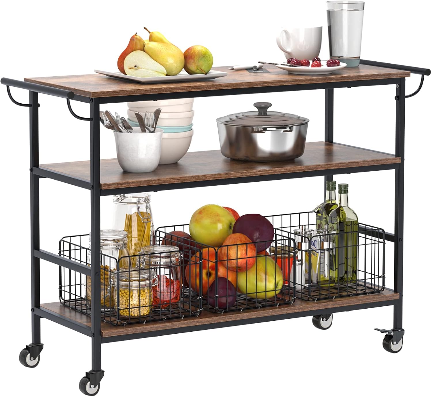 3-tier Kitchen Serving Carts, rolling storage trolley with 3 basket drawers, 45.3" practical microwave oven stand, lockable caster open storage rack