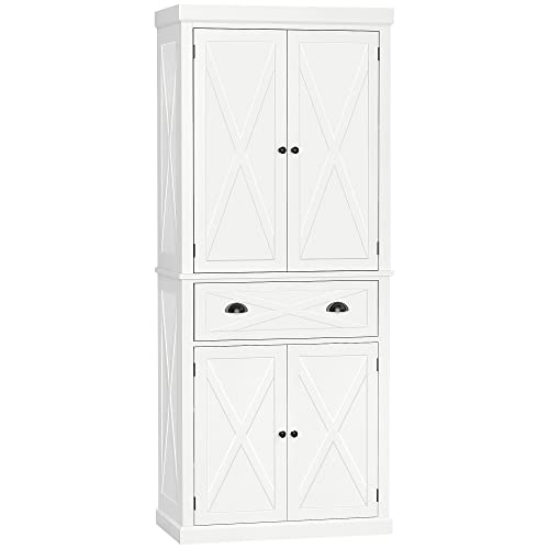 HOMCOM 72" Kitchen Pantry Storage Cabinet, Traditional Freestanding Cupboard with 4 Doors and 3 Adjustable Shelves, Large Central Drawer, X-Frame