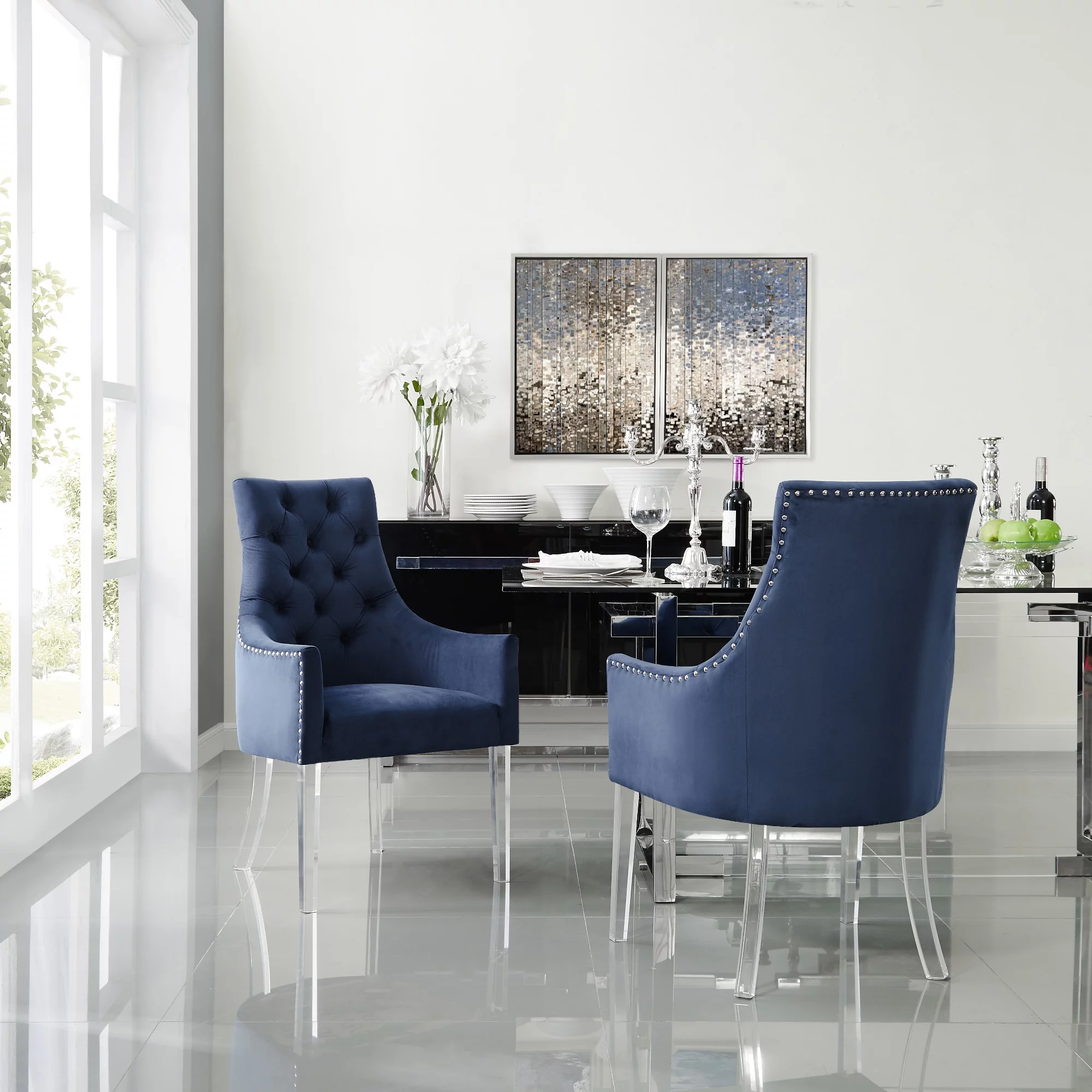 Inspired Home Gideon Velvet Dining Chairs Acrylic Leg Swoop Arm(Set of 2), Navy