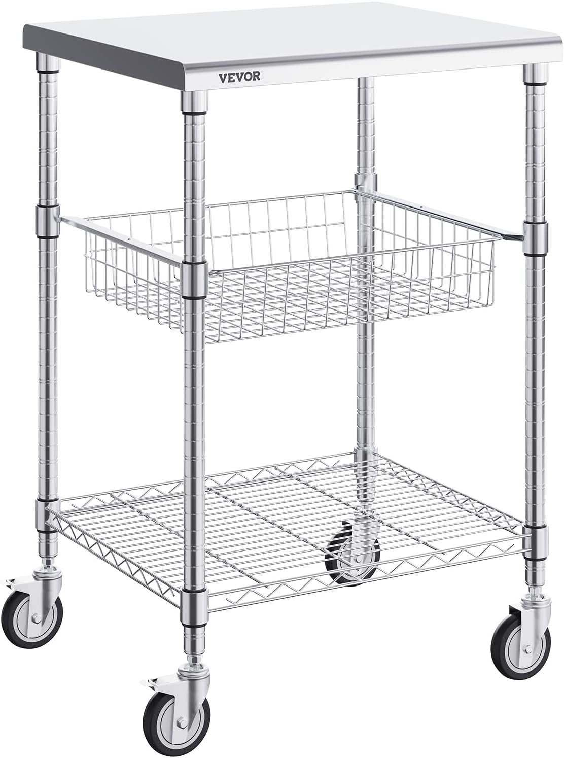VEVOR Kitchen Utility Cart, 20"x24"x36.6" 3 Tiers Wire Rolling Cart, 470LBS Capacity Steel Service Cart with Brake Wheels