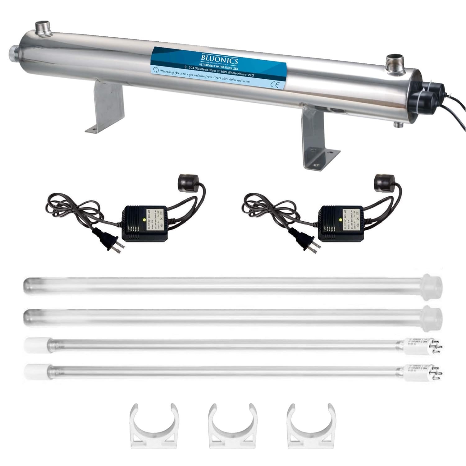 Bluonics Complete Well Water Solution with 110W UV+Sediment & Carbon Well Water Filter Purifier System 24GPM w/Three Housing