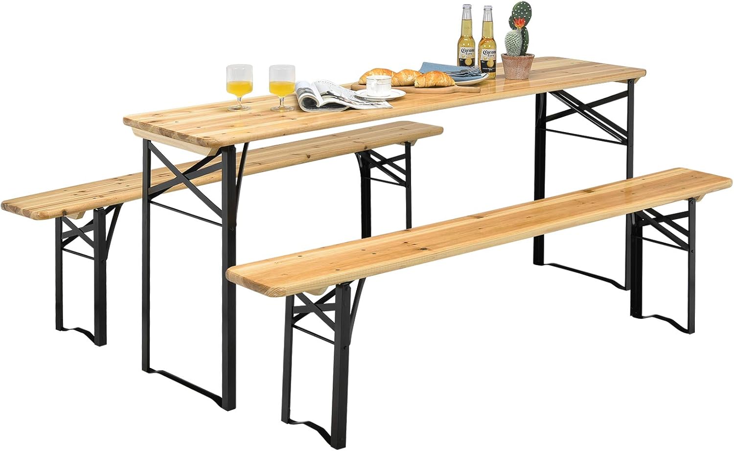 Giantex 70'' 3-Piece Portable Folding Picnic Beer Table with Seating Set Wooden Top Picnic Table for Patio Outdoor Activities Garden Use