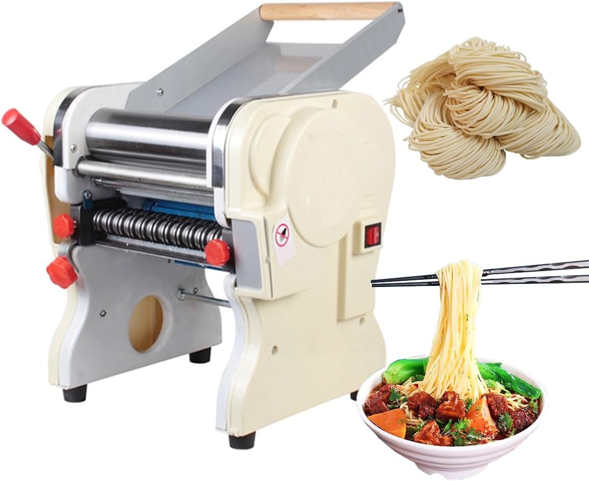 INTBUYING 110V Thickness Adjustable Pasta Maker Noodle Machine 550W Electric Stainless Steel Noodle Machine with 3mm Round Knife Noodles For Home and