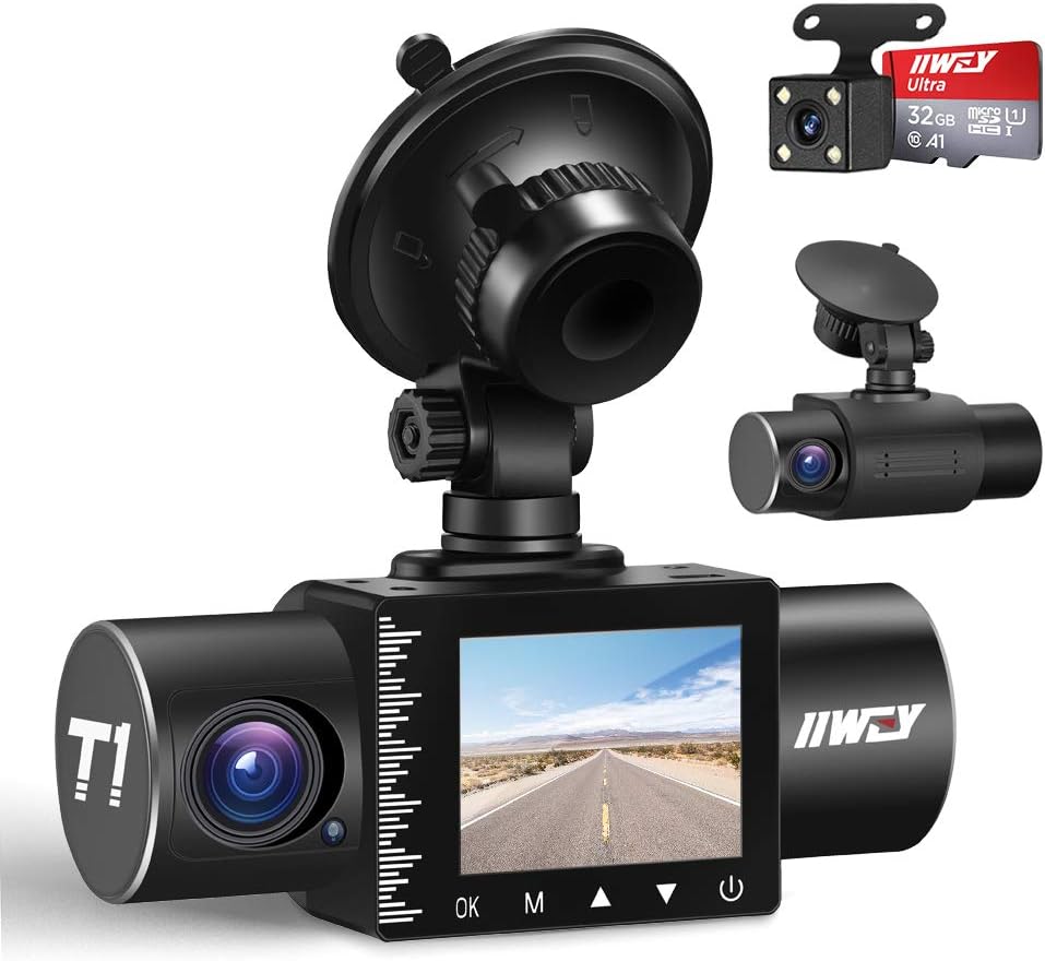 iiwey Dash Cam Front Rear and Inside 1080P Three Channels with IR Night Vision Car Camera SD Card Included Dashboard Camera Dashcam for Cars HDR