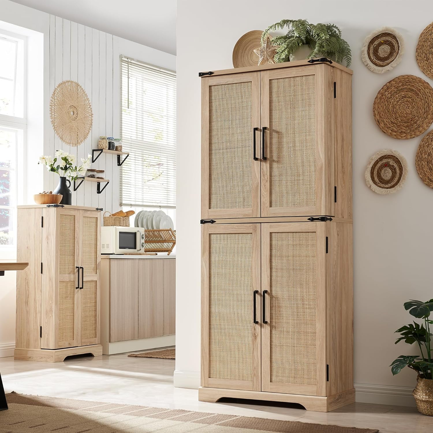 ACCOHOHO Farmhouse 72" Tall Kitchen  Pantry,Rattan Door and Adjustable Shelves, Single Drawer Wood Cupboard for Dining Room,Natural Oak