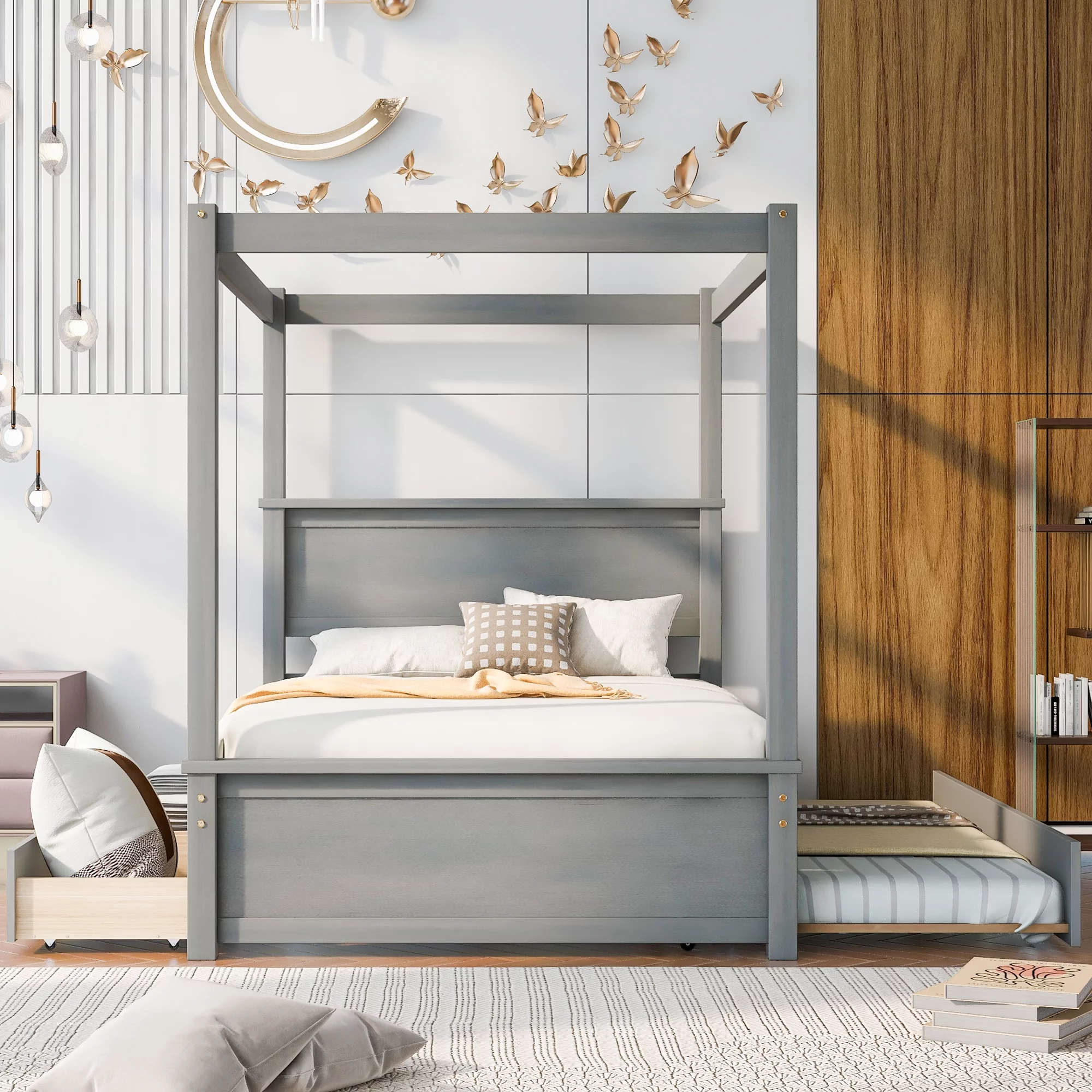Churanty Full Size Canopy Bed Frame with Trundle and 2 Storage Drawers,Wood Full Platform Bed with Headboard,Gray