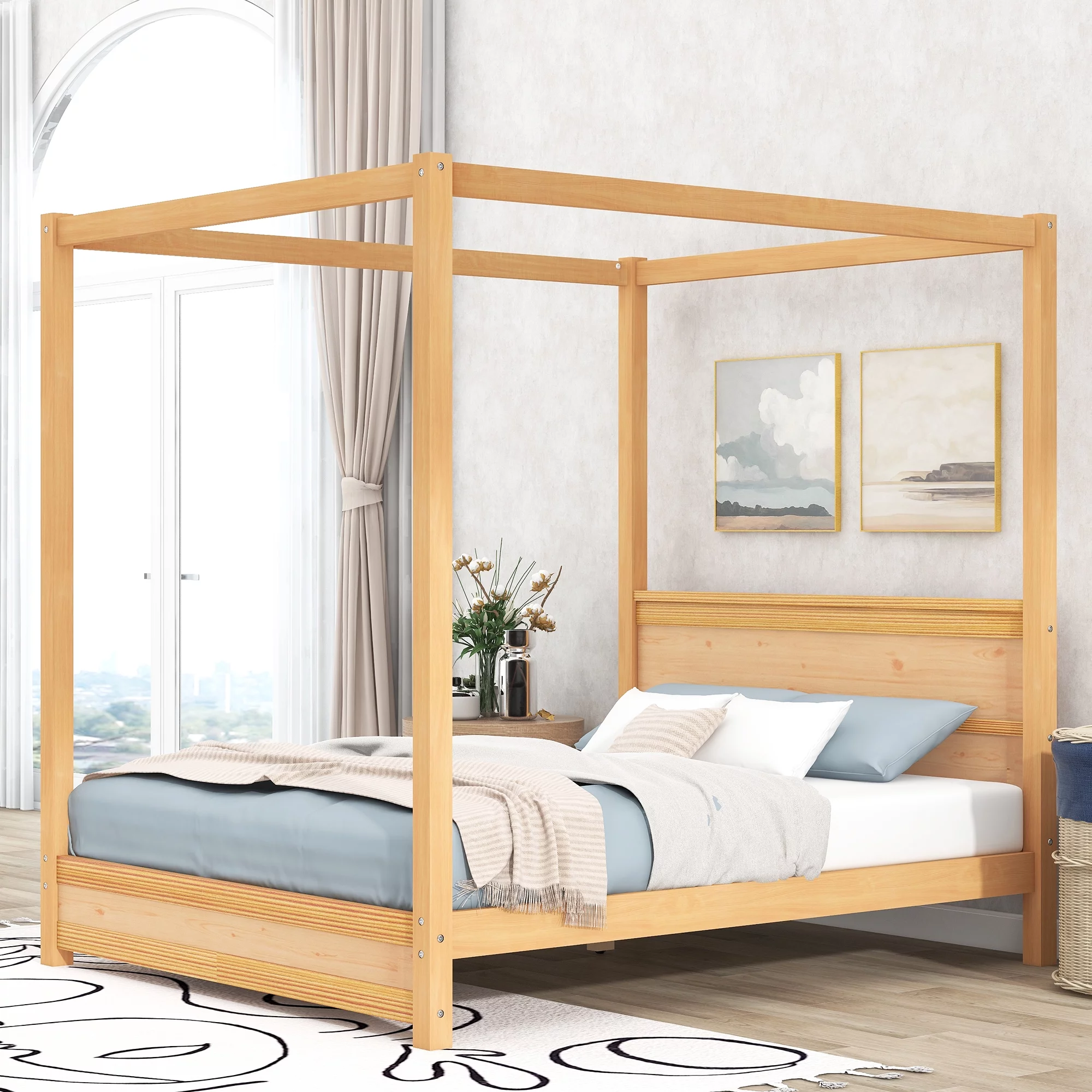 EUROCO Wood Queen Size Canopy Platform Bed with Headboard for Bedroom, Natural