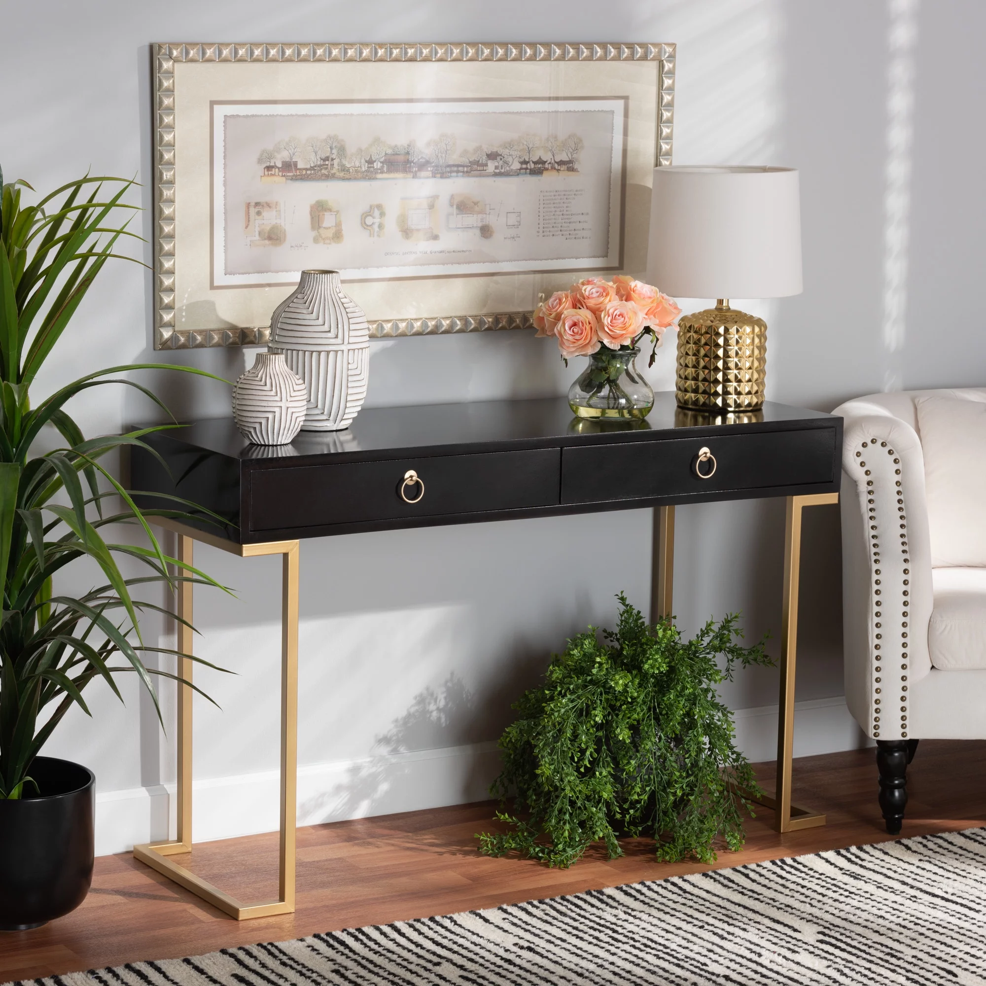 Baxton Studio Beagan Modern Wood and Metal 2 Drawer Console Table, Black/Gold