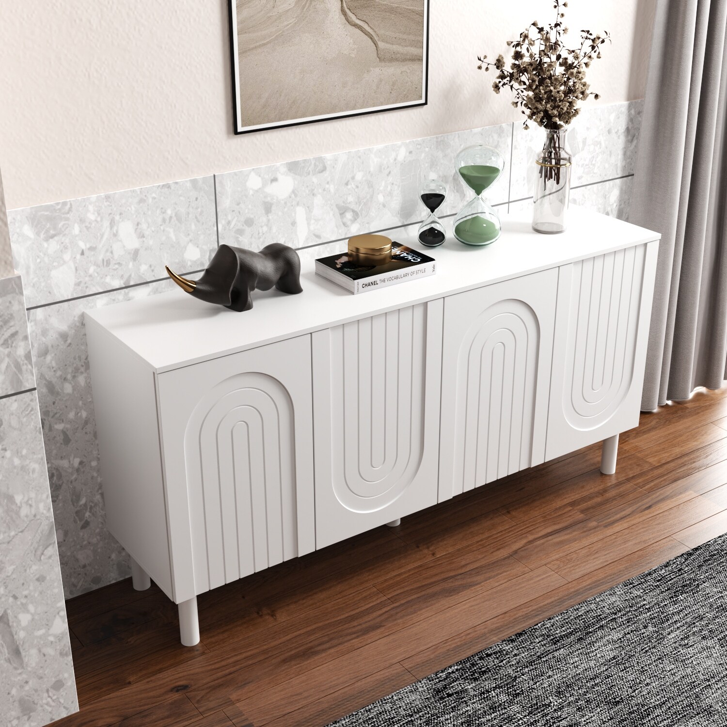 63.2"W Bookcase Credenza Sideboard Buffet with Drawer & Pop-Up Doors