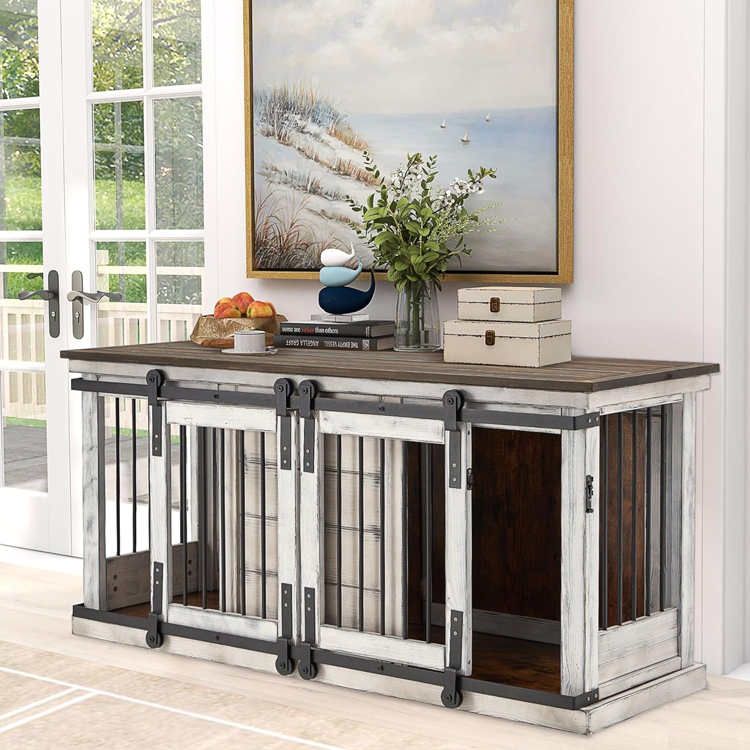 Solid Wood Dog Crate Furniture, 62.5'' Wooden Dog Crate with Removable Divider, Indoor Dog Kennel TV Cabinet